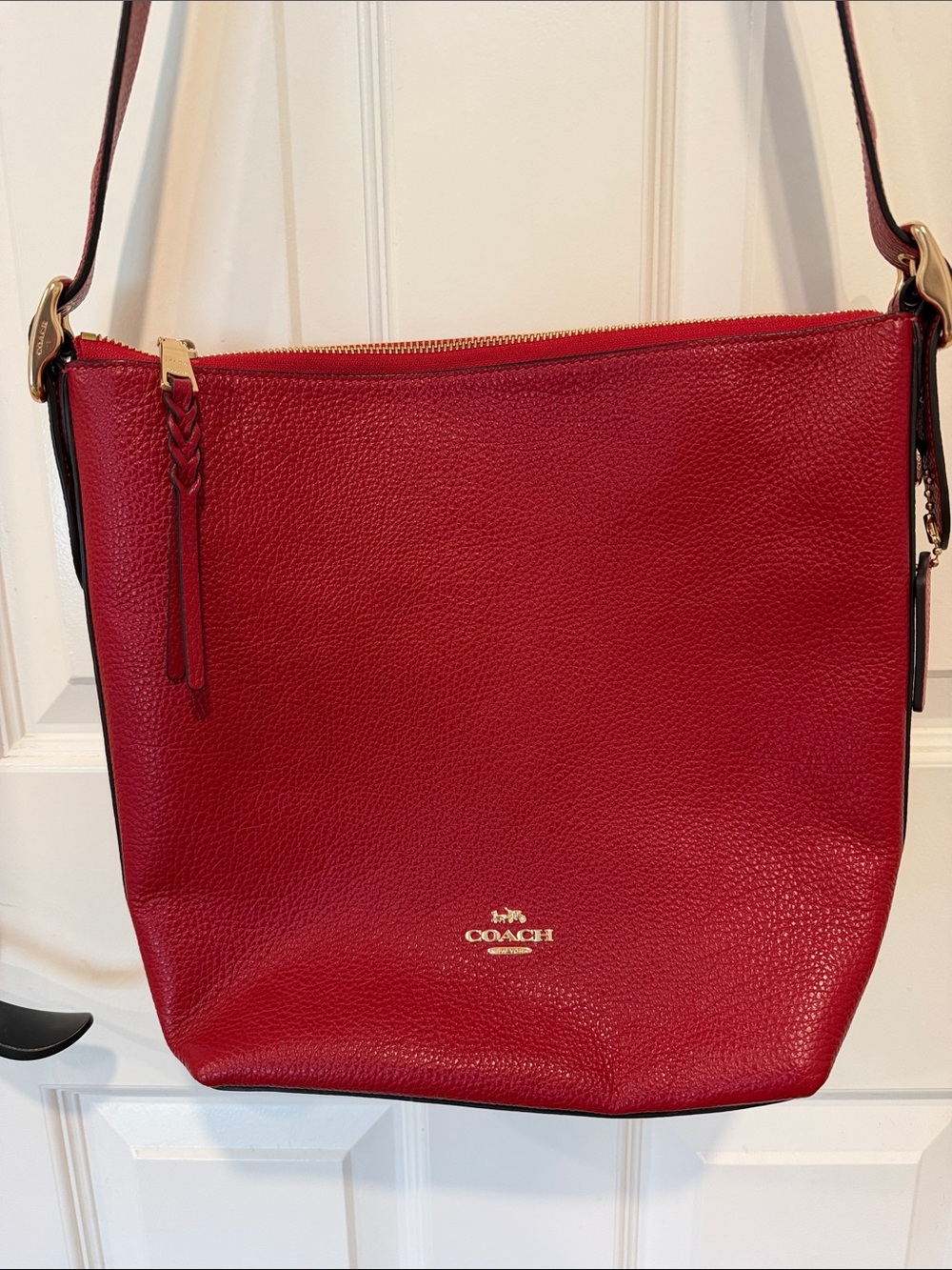 Coach Red Pebbled Leather Shoulder Bag with Gold Hardware